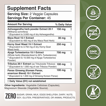 Zunutri® Ashwagandha, Maca Root, Horny Goat Weed, Turkesterone, Tribulus & Ginseng